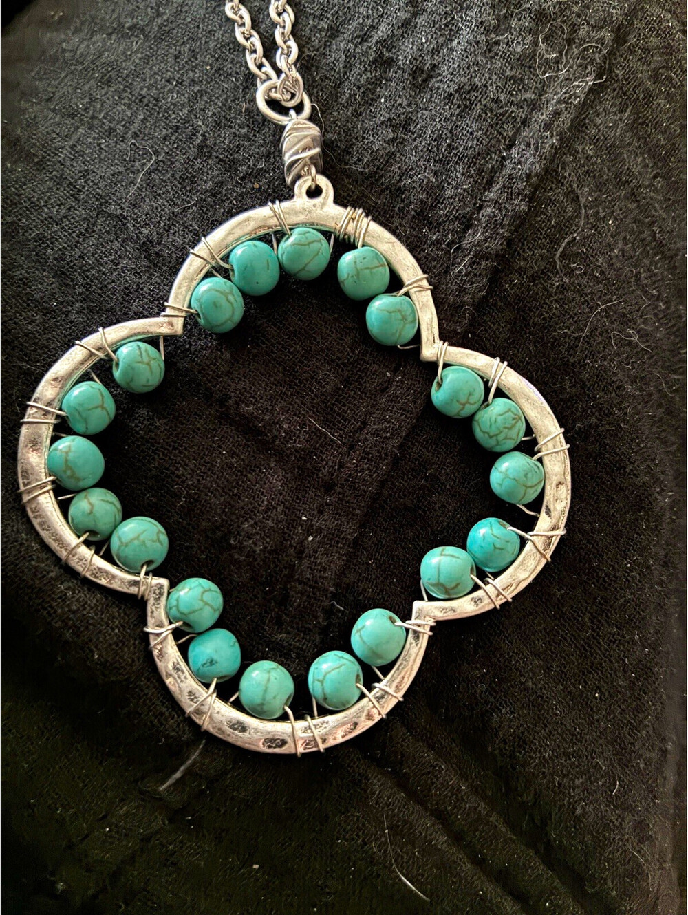 Vintage Style Faux Turquoise Bead Wire-Wrapped Clover Necklace 20”